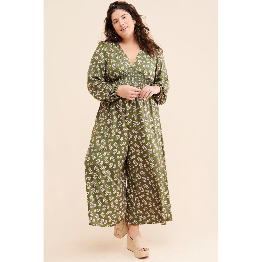 Maxey Greene Floral Wide Leg Jumpsuit Long Sleeve Olive Green Women Size Small